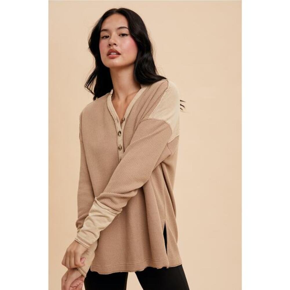 In Loom Taupe Size Large Garment Washed Thermal Henley
